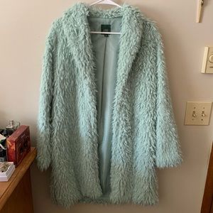 Turquoise/minty fuzzy jacket.